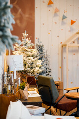 New Year's decor in the house with a Christmas tree and a mirror. Samara, Russia - 30 Dec 2023