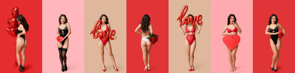 Set of sexy young woman in underwear on color background. Valentine's Day celebration - obrazy, fototapety, plakaty