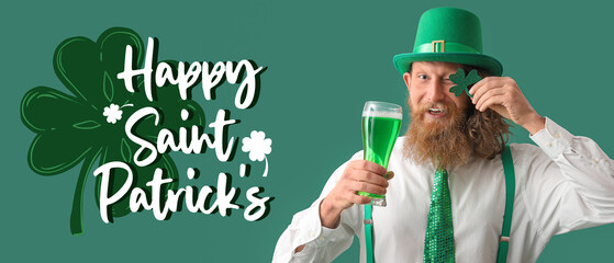Greeting banner for St. Patrick's Day with happy redhead man drinking beer on green background