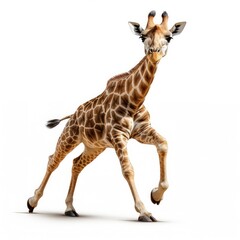 Young giraffe walking in motion, cute African wild animal, yellow and brown, isolated on white background