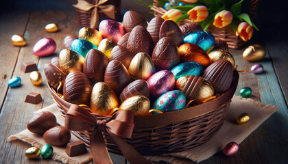 Hollow chocolate Easter eggs wrapped in colorful foil