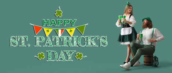 Greeting banner for St. Patrick's Day with young couple drinking beer on green background