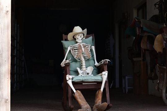 " Wenn es mal l&auml;nger dauert". Skelett mit Cowboyhut und Stiefel sitzt vor Pferd im Schaukelstuhl