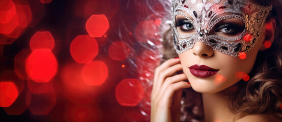Beautiful portrait of a girl in a carnival mask on a red background, panorama
