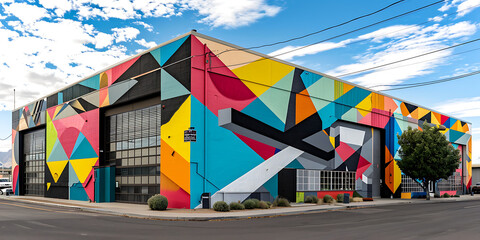 Uma imagem dinâmica de um mural de rua vibrante e colorido adornando o lateral de um prédio, exibindo a artística urbana e o impacto da arte pública nas paisagens urbanas.
