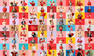 Obraz na płótnie Canvas Big collage of people celebrating Valentines Day on color background