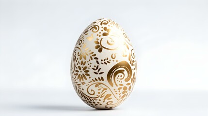 Hand Painted Easter Egg in gold Colors on a white Background. Elegant Easter Template with Copy Space