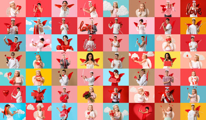 Group of people dressed as Cupid on colorful background