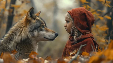 Selbstklebende Fototapeten little red riding hood little girl in a red cape with a wolf in the forest © People