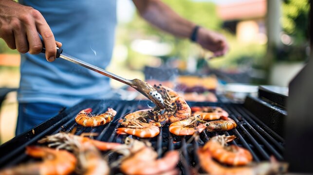 Man cooking prawns on a barbecue grill.
