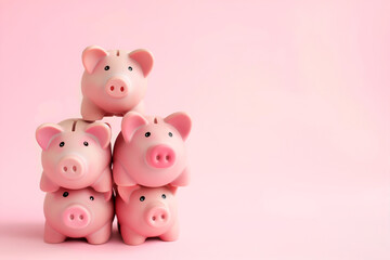 Group of pink piggy banks on pink background. Personal savings and financial investment, money storage, money boxes. Finance and saving for different purposes. Financial literacy, family wealth