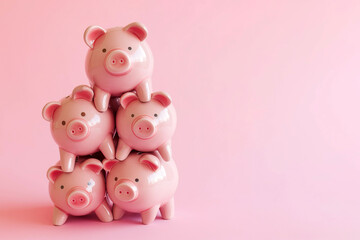 Group of pink piggy banks on pink background. Personal savings and financial investment, money storage, money boxes. Finance and saving for different purposes. Financial literacy, family wealth