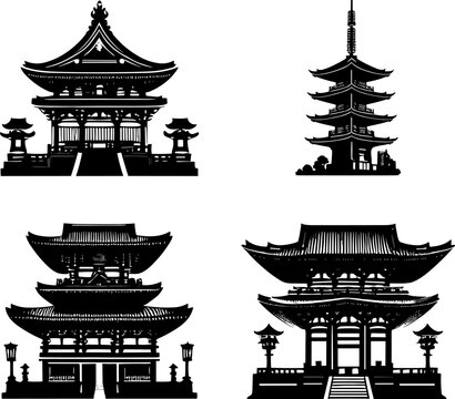 Set of japanese architecture, temples, pagoda, vector in black