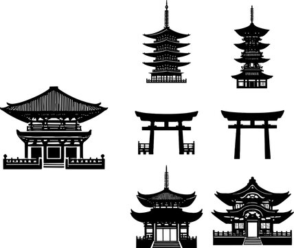 Sheet silhouettes of asian architecture icons in vector black illustratio