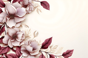 Fototapeta na wymiar Composition pattern of magnolia flowers and peonies with branches and leaves on a light background, ideal for holiday greetings, weddings, Valentine's Day, and Women's Day with space for text,