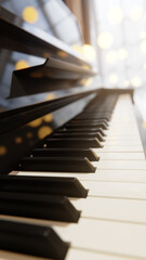 Piano keyboard wide angle view. Background image for music events