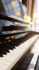 Piano keyboard close up view with selective focus. Warm color toned