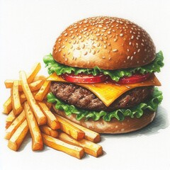 Savory Burger Delight: Fast-Food Indulgence in Watercolor Art