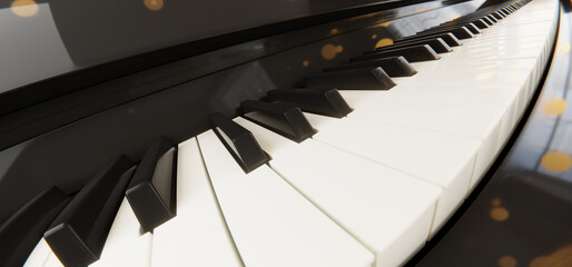 Ultrawide angle view of piano keyboard.