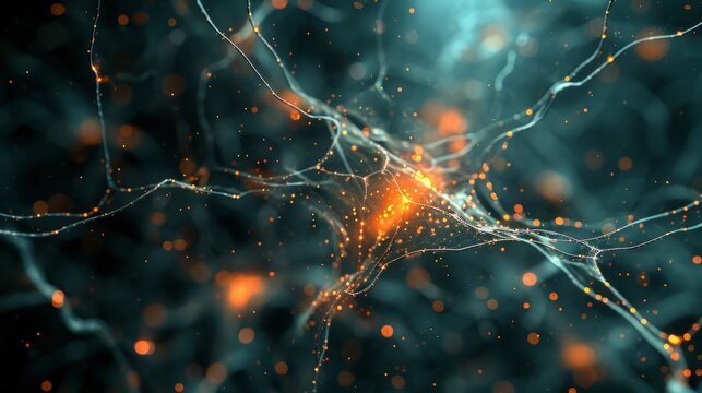 Neurons cells featuring luminescent connections resembling knots. Glowing neurons within the brain, highlighted with a focused effect. The transmission of electrical between synapses and neural cells.