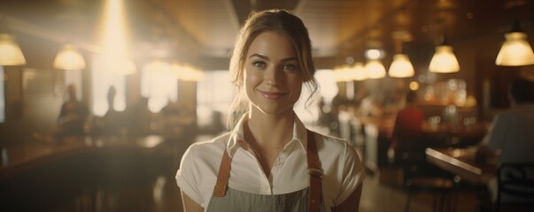 Portrait of a pretty young smiling waitress in a restaurant. - obrazy, fototapety, plakaty