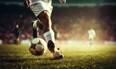 Foot of soccer player kicking football ball on amazing grass stadium. - obrazy, fototapety, plakaty