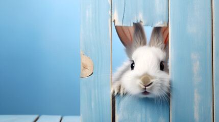 Cute smiling rabbit isolated with copy space for Easter blue background. Adorable fluffy bunny animal pet,Adorable Easter Bunny Peeking Through Blue Wall,Brighten your Easter with this whimsical 