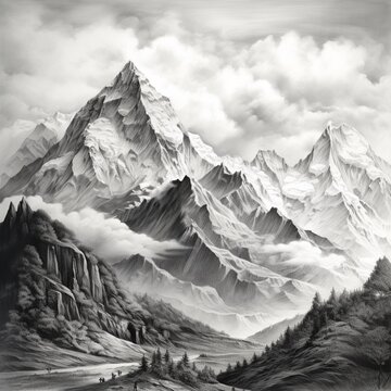 Pencil sketch mountains surrounded images Generative AI
