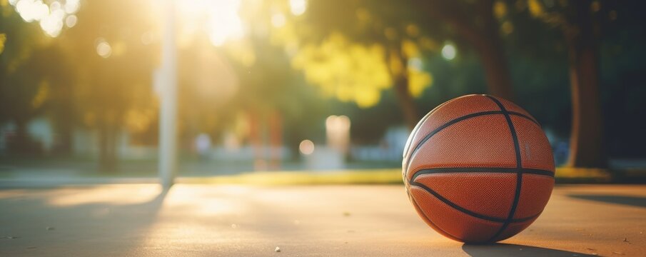 A basket ball on an amazing empty basketball court with blurred light backround.