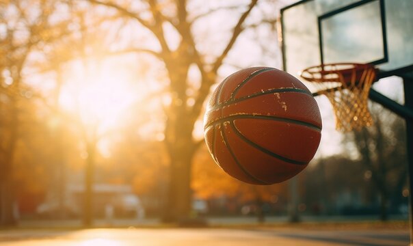 The basket ball falls into the basketball hoop.