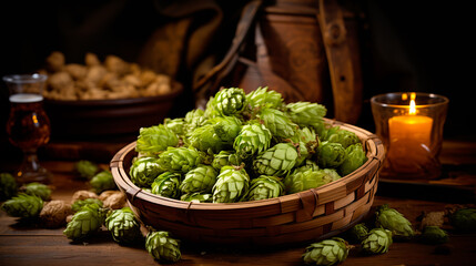 Macro closeup of green ripe hop cones on table. Branch of hop cones for making beer and bread