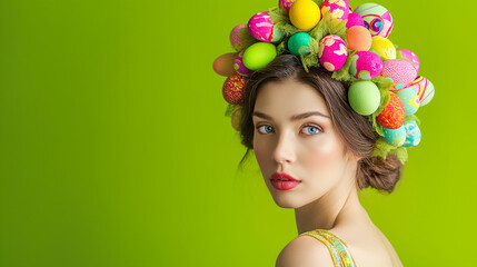 Easter Woman. Spring Girl with Fashion Hairstyle decorated with colorful easter eggs and flowers isolated on green background looking at the camera, with copy space. - obrazy, fototapety, plakaty