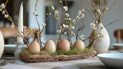 Easter table decoration with egg shells, spanish moss and catkins with copy space. - obrazy, fototapety, plakaty