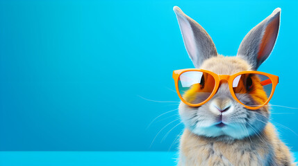 Cool bunny with sunglasses. Isolated on blue background,Eastern Bunny with Sunglasses Against Blue Sky,Cool Cat in Sunglasses: Closeup Portrait on Light Cyan