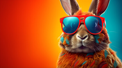 Cool Easter bunny with sunglasses in front of a colorful background,Cool bunny in glasses with selective focus,Cool Easter bunny with sunglasses and a bow tie in front of a colorful background,Shades 
