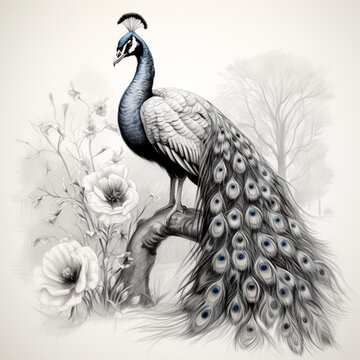 peacock perched on branch, black and white clip art preview