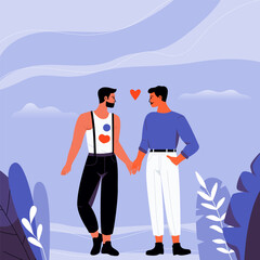Homosexual love couple. Gay partners holding hands and embracing, happy male friends supporting each other, cartoon characters walking together. Vector flat illustration