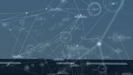 Animation of cars on street over network of connections with data processing on grey background