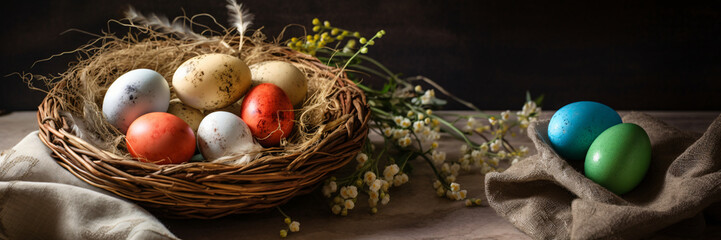 Nest with colored eggs on a dark background. Composition banner for Easter with place for text, copyspace