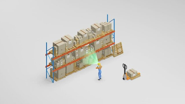 Man scanning inventory in a warehouse. Warehouse Management. Isometric. 4k 3D animation.
