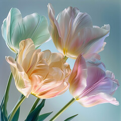 Bouquet of tulips in pastel colors on a blue background