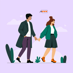 Happy couple in love. Cartoon man woman characters walking holding hands, young people in romantic relationship Valentine day concept. Vector illustration