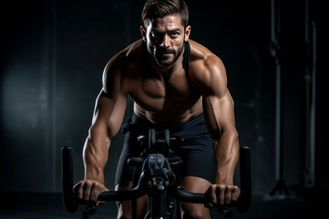 Fototapeta na wymiar Vigorous Man training fitness bike. Adult equipment health male activity. Generate Ai