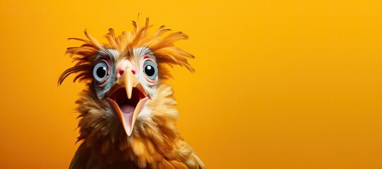 Surprised Shocked Chicken with Big Eyes on a Orange Background with Space for Copy - obrazy, fototapety, plakaty