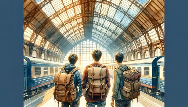 The image depicts three travelers at a train station, backpacks on, gazing towards the light-filled terminal, embodying a sense of adventure and companionship.