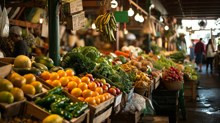 Bustling farmers' market overflowing with fresh fruits, Vegetables and excited customers, AI Generated