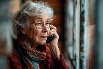 Senior woman with glasses speaking on the phone, concerned expression, indoors