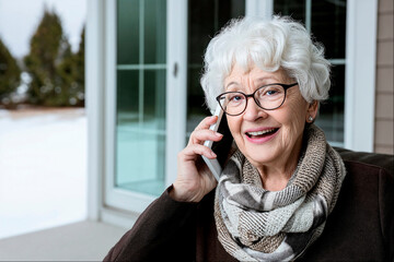 Senior woman with glasses and a smile talking on the phone, winter background.