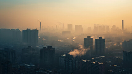 Fototapeta na wymiar City skyline seen through haze of industrial pollution, AI Generated
