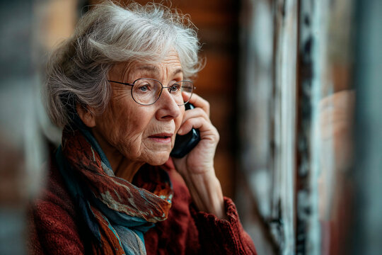 Senior Woman With Glasses Speaking On The Phone, Concerned Expression, Indoors